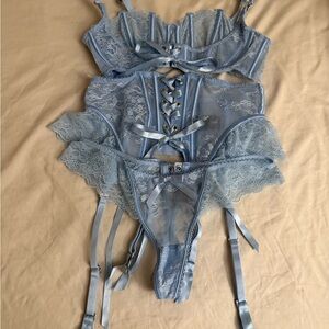 Honey Birdette Light Blue Lace Lingerie Set Corset Detail, 32C/XS